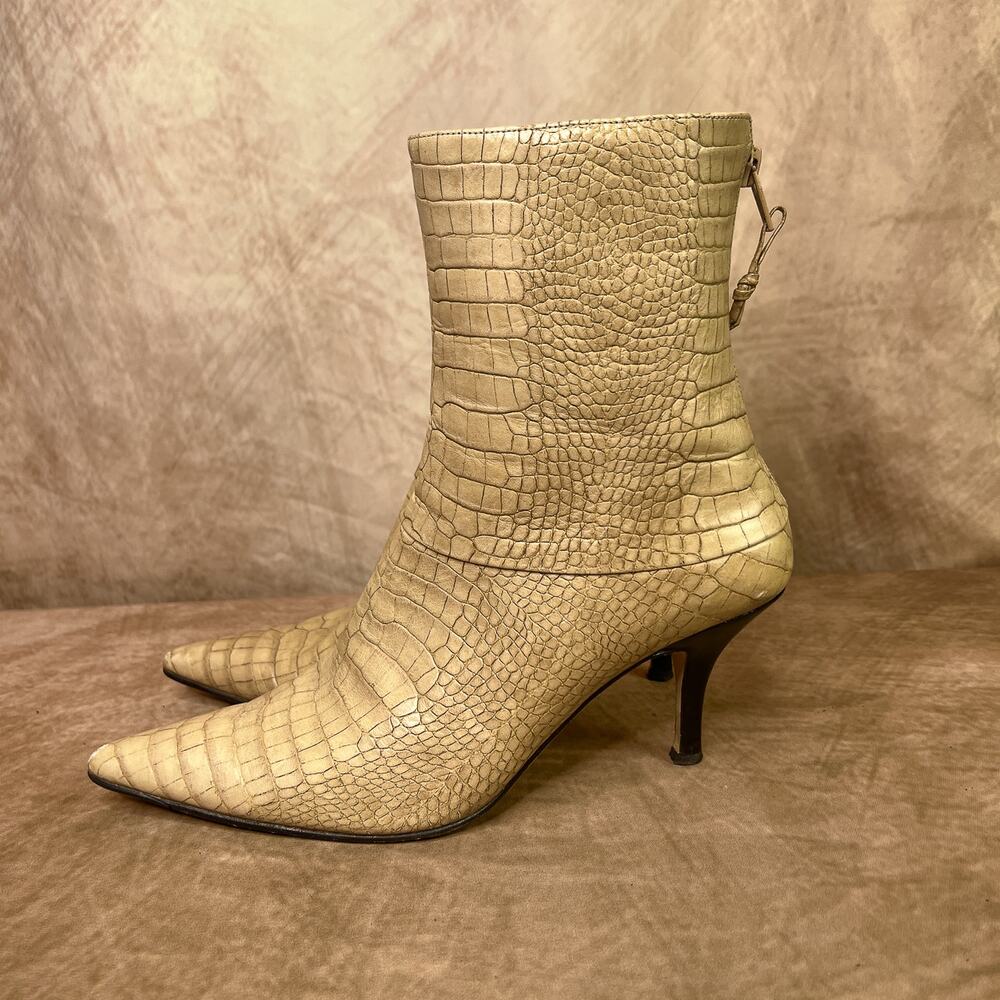 Crocodile Embossed Ankle Boots Van Eli Kitten Heel Cream Zip Up Leather Western